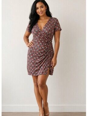 JBS Women's Wrap Ruched Printed V-neck Mini Dress